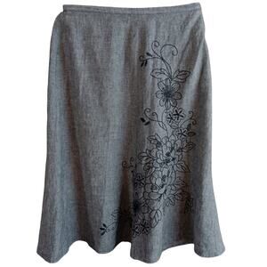 JM‎ COLLECTION 100% Linen Midi Skirt Size 8 Petite A-Line Embroidery Beaded Gray